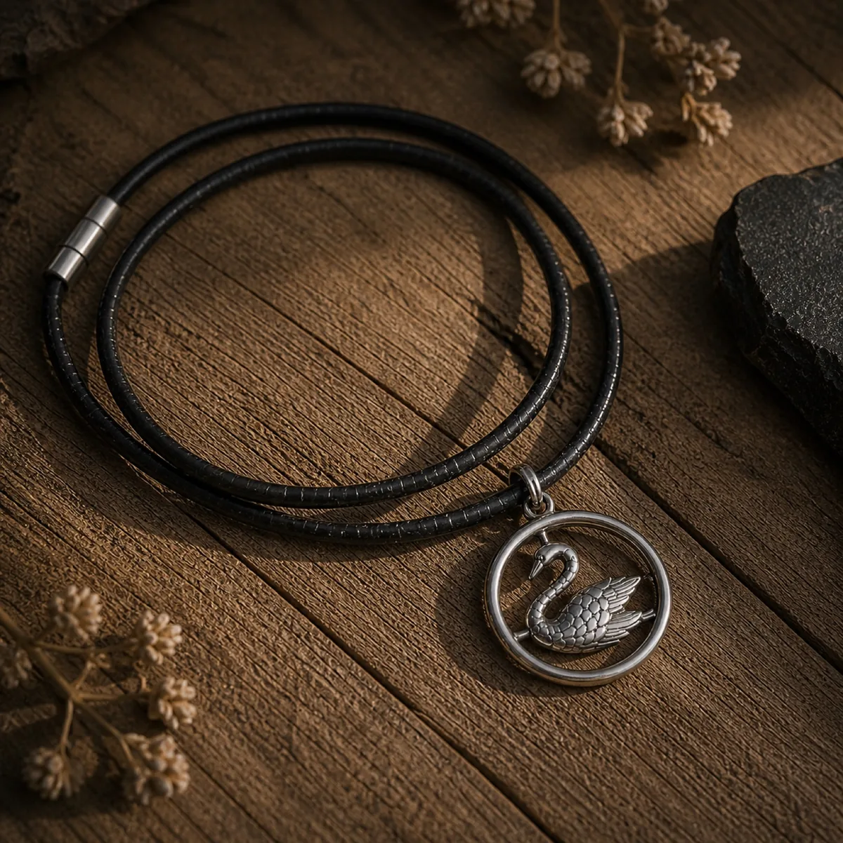 The Swan in the Circle pendant with unfurled leather cord on a wooden surface beside dried foliage