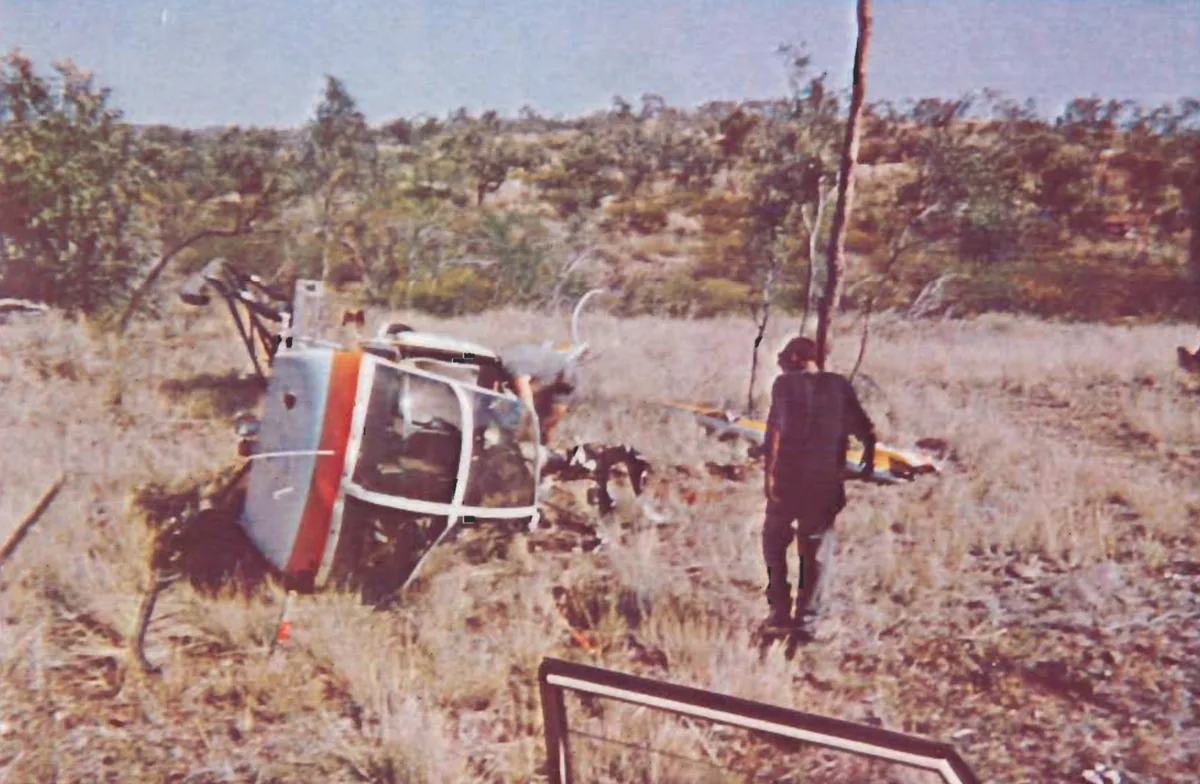 Wayne McCrae's helicopter crash site near Cloncurry, Queensland, 1991 — he survived wearing the Swan in the Circle pendant