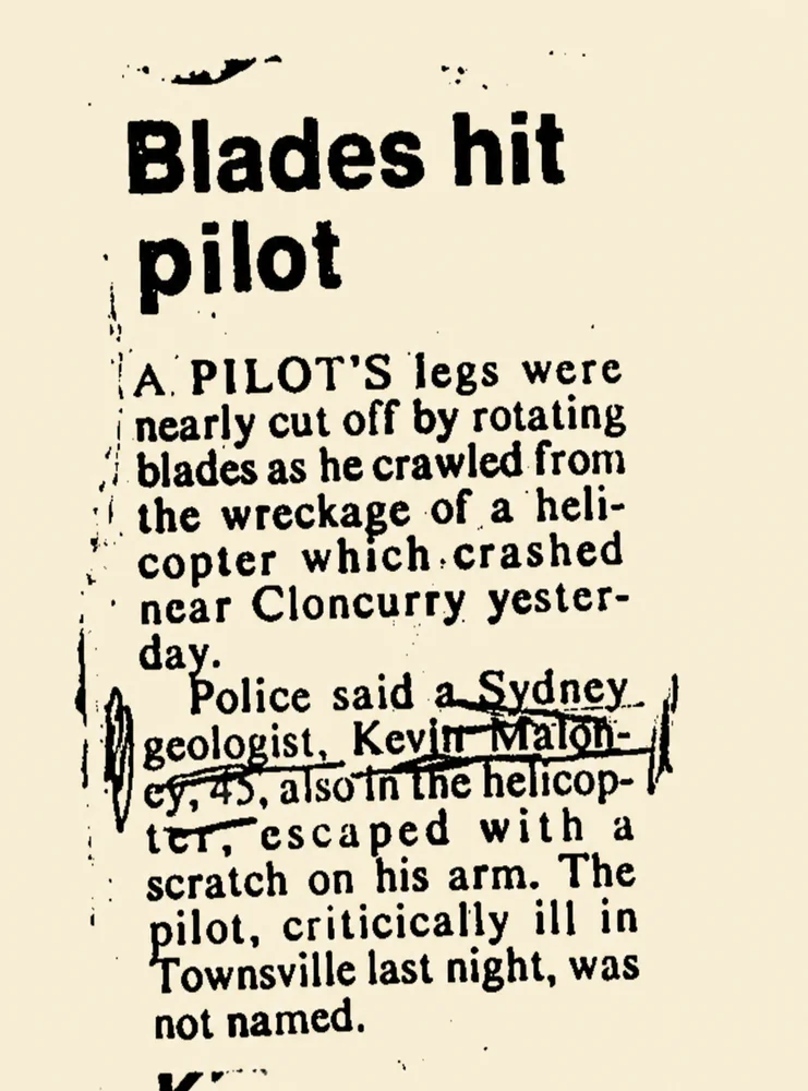 1991 newspaper clipping &ldquo;Blades hit pilot&rdquo; reporting Wayne McCrae's helicopter crash near Cloncurry, Queensland